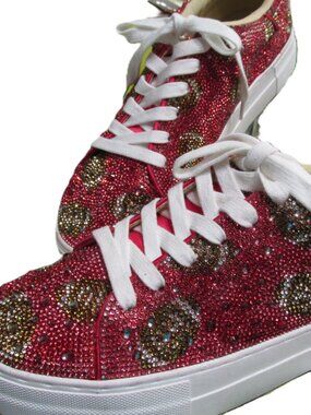 P2752-NWOT Betsey Johnson Sidney Red Beaded Tennis Shoes w Footballs SZ 9